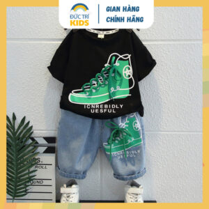 Xem ngay Set đồ bé trai áo thun tay ngắn cổ tròn SN Cotton hình sneaker, quần bò Jean ngắn lửng trẻ em 1-7 tuổi (9-24kg)