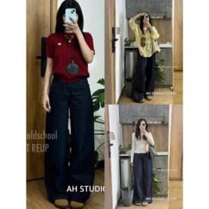 Xem ngay Quần Bò Jeans Nữ Ống Rộng, Quần Bò Denim Suông Ống Rộng Trơn Màu Xanh Đậm Phối Chỉ Nổi Cạp Cao Siêu Hách Dáng Cực Đỉnh