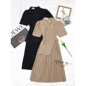 Xem ngay [45kg-100kg] Đầm vest bigsize công sở Maihouse tay ngắn dập ly form dáng dài chất lụa sọc gân đi chơi dạo phố - D2724