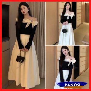 Xem ngay Set áo trễ vai dài tay mix chân váy midi set áo len tăm nơ bên phối chân váy xếp ly dáng dài sang chảnh B412 PANOSI