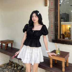 Áo babydoll linen kiểu xinh tay phồng tiểu thư công chúa bo thân nơ coquette ngực xinh xắn Kimee MA287