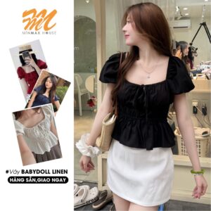 [HÀ NỘI-SẴN HÀNG] Áo Babydoll Linen Kiểu Xinh Tay Phồng, Áo Babydoll Nữ Tay Bèo Phong Cách Tiểu Thư